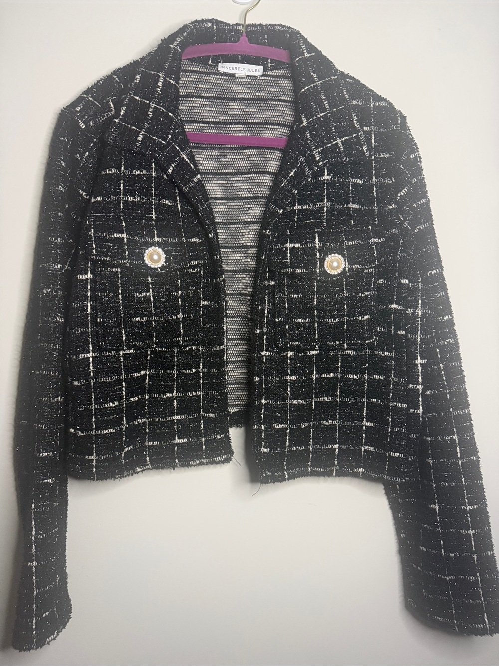 Cropped Black Tweed Jacket with Pearl Buttons